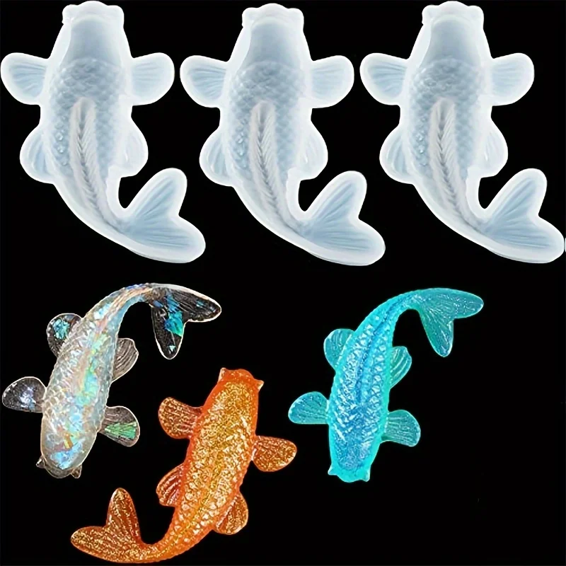 3pcs Koi Fish Silicone Mold Ornament Gypsum Pendant Keychain Abrasives Fish Fondant Moulds with Twelve Color Sequins