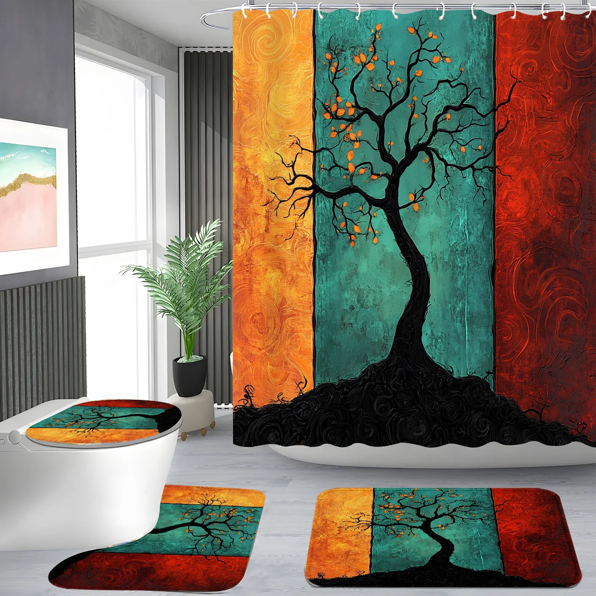 

4pcs Shower Curtain Set, Artistic Tree of Life Design, Modern Bathroom Decor - 71inch*71inch 180cm*180cm Includes 12 Hooks