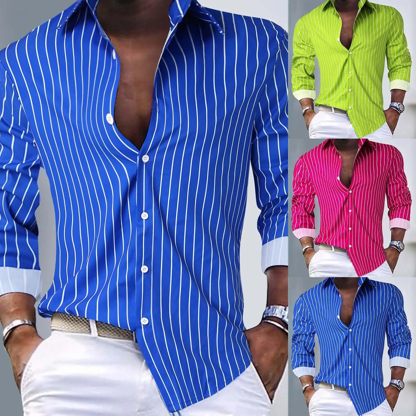 

Men's Striped Lapel Cardigan Long Sleeve Printed Street Style Shirt Resistant to Deformation Summer 2015 Collection