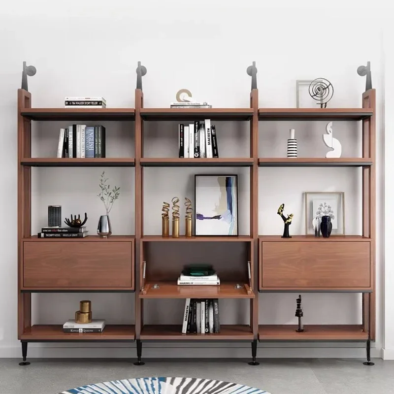 Bookshelf, wall-mounted wrought iron solid wood bookcase, household shelf, floor-to-ceiling integration