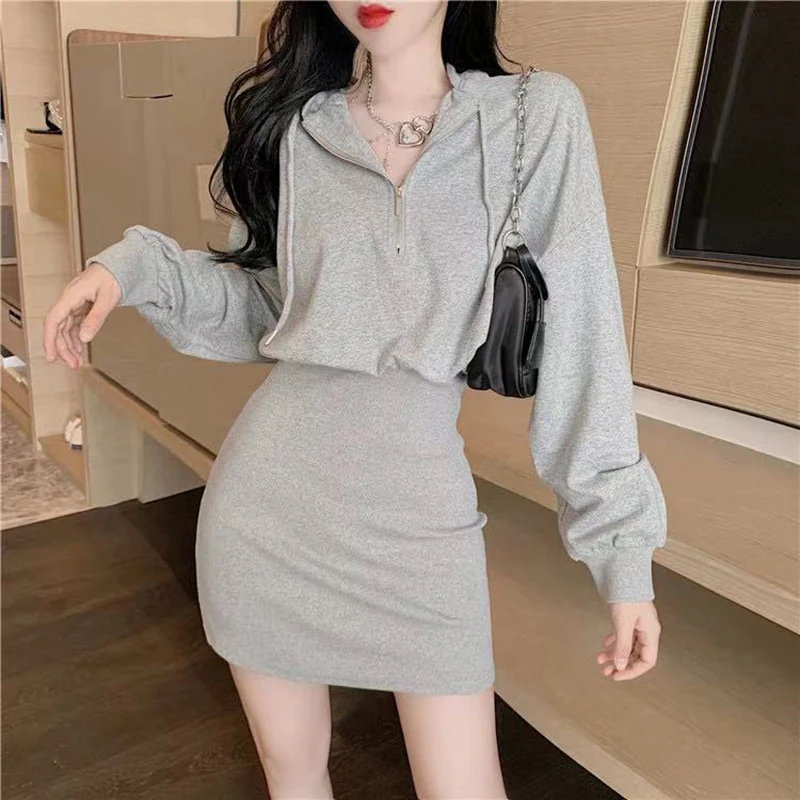 Sexy Slim Female Dress 2022 Summer New Solid Puff Long Sleeve Short Hooded Sweater Skirt High Waist Bag Hip Women Dresses