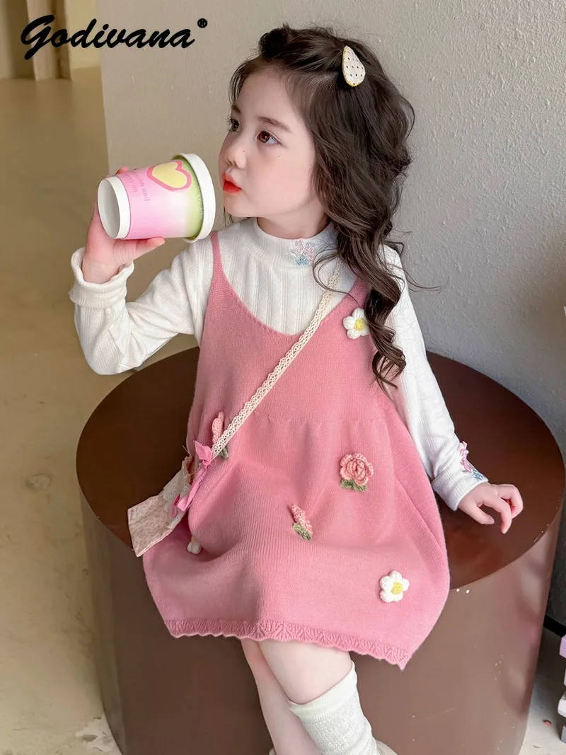 Sweet Baby Girls' Fashion Dress Sets 2026 New Spring Cute Flower Knit Sling Dress Long-sleeve Princess Sweater Children's 2pcs