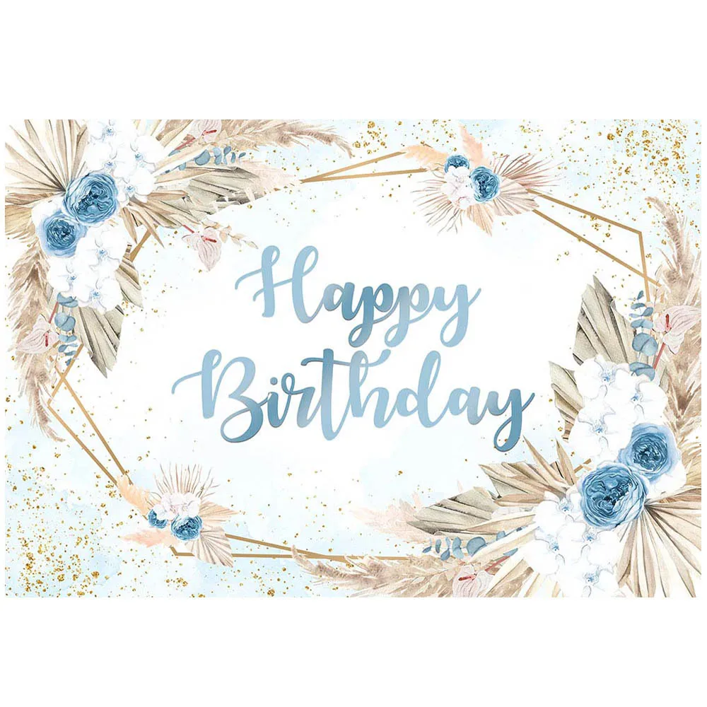 Mocsicka blauwe aquarel Boho bloemen gelukkige verjaardag achtergrond Boheemse Pampas gras babyjongen 1e verjaardag achtergrond Party Decor