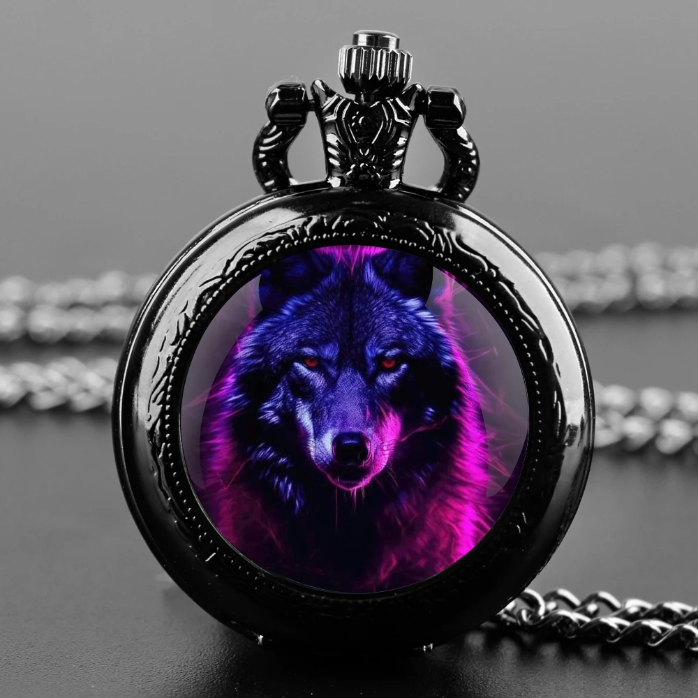 Wolf Design Glass Dome Fashion Arabic Numerals Quartz Pocket Watch Necklace Pendant Chain Mens Women Gifts