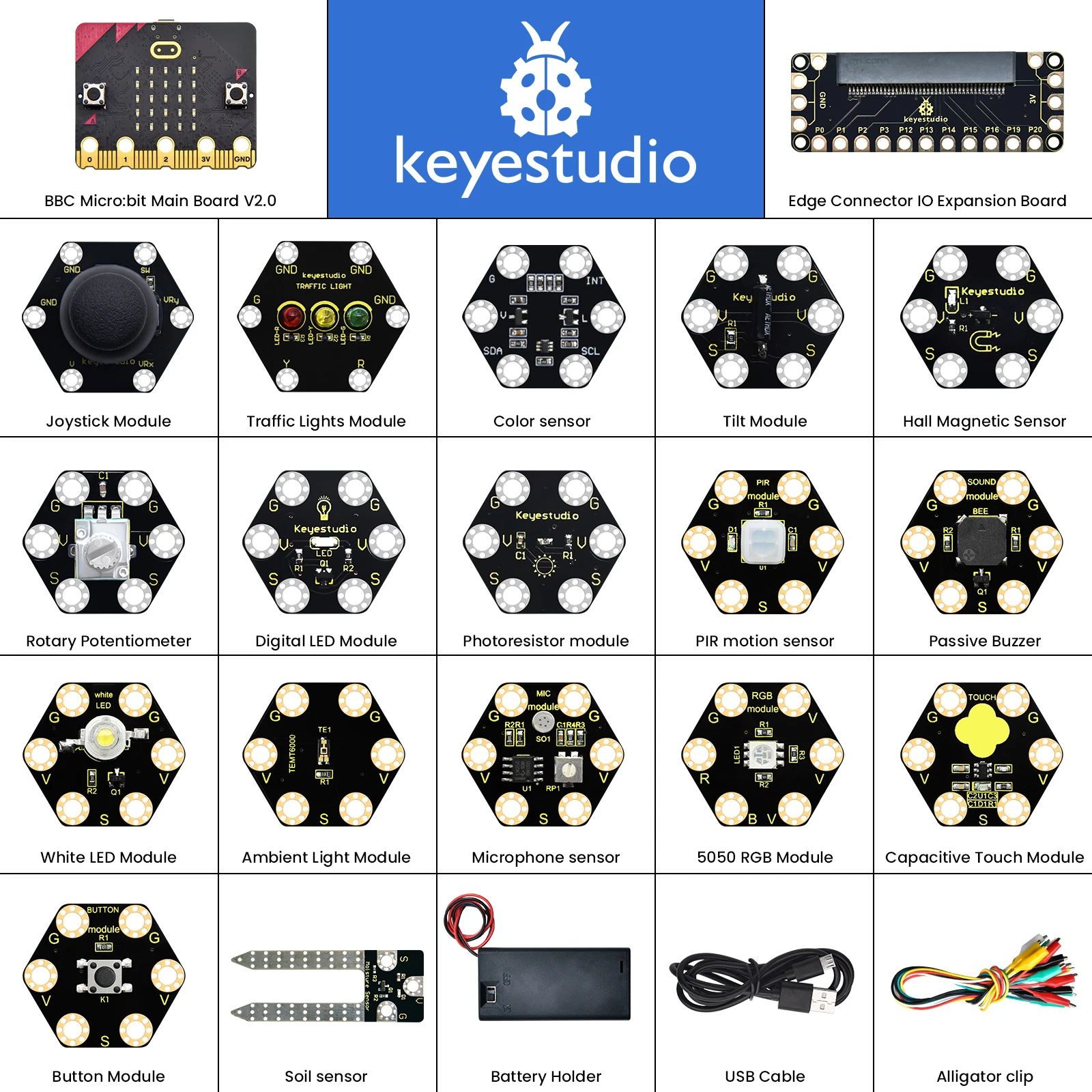 keyestudio-マイクロビットv22スターターキット、ハニカムスマート、ウェアラブル、プログラム可能、マイクロ用のmakecode-ビットv22、学習キット