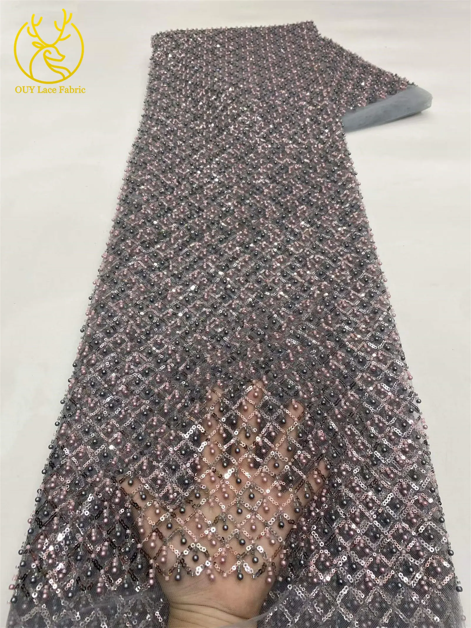 Olivgrüner afrikanischer Spitzenstoff, französischer Mesh-Spitzenstoff mit Pailletten und Perlen, Tüll-Mesh-Spitzenstoff für Damen, Hochzeitsfeier, Abendkleid, Nähen – Detail 17
