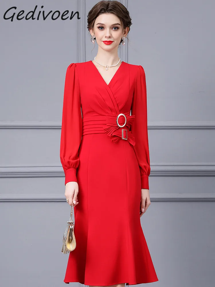 Gedivoen Autumn Fashion Runway Red Vintage Mermaid Dress Women V Neck O Ring Pleated High Waist Package Buttocks Slim Long Dress