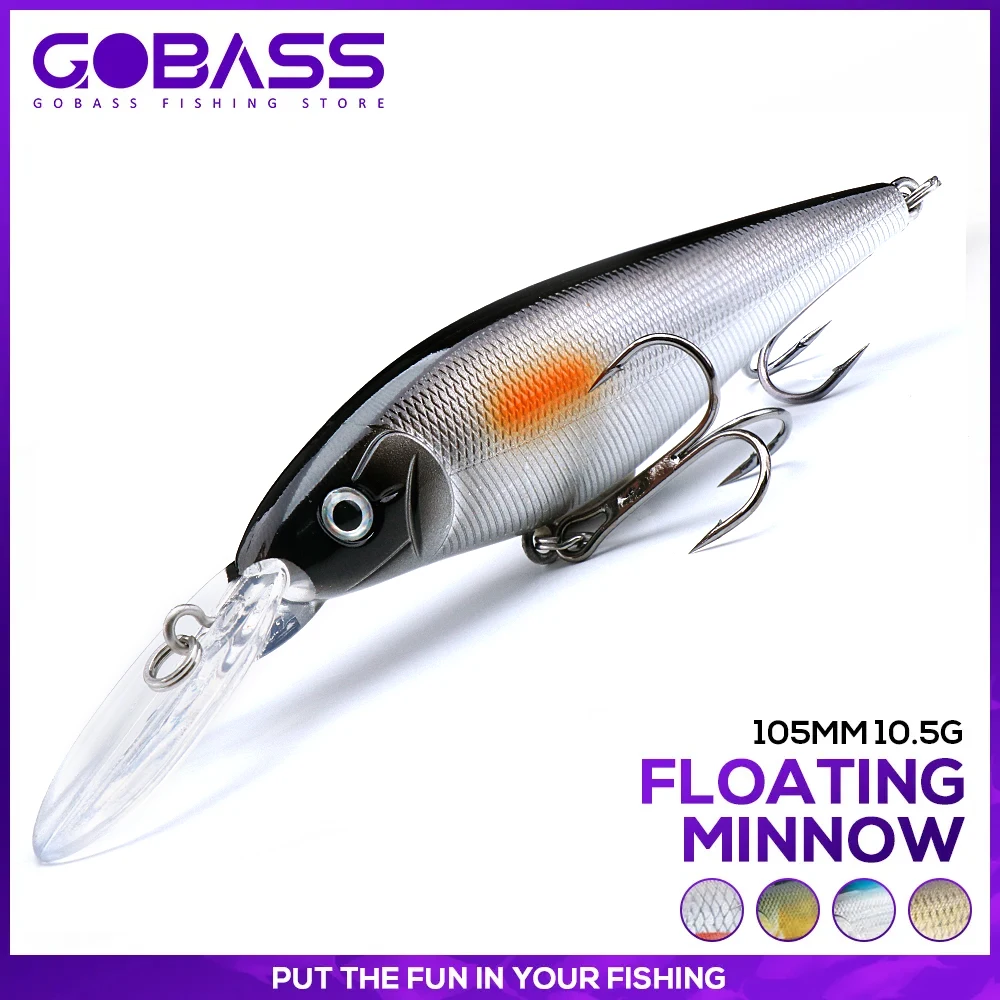 GOBASS-Preto Flutuante Minnow Wobblers para Trolling, Iscas Topwater, Crankbaits, Equipamento De Pesca, 105mm, 10.5g, 1Pc