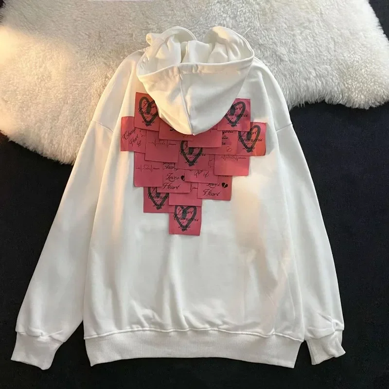 DAYIFUN-White Love Heart Hoodies pour Couples Sweats surdimensionnés Mode Patch Stitch High Street Cool Lady Top Printemps Automne