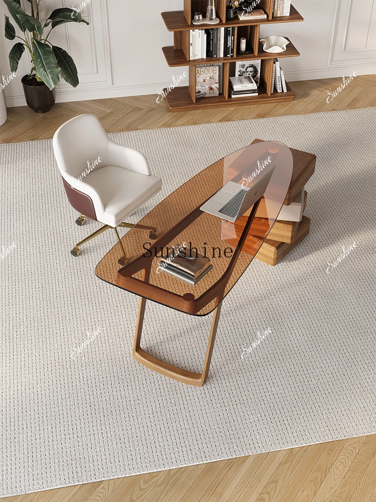 WDesign, light luxury high-end special-shaped solid wood desk rotating drawer tempered glass, reading