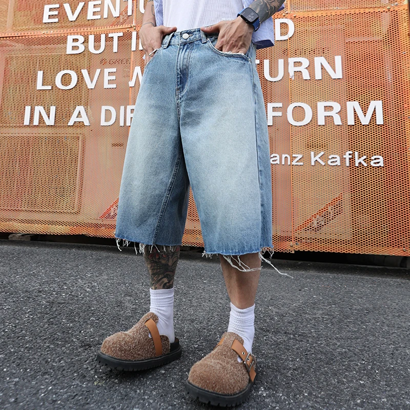 

Men Summer Streetwear Loose Casual Vintage Ripped Denim Shorts Cityboy Baggy Shorts Pant