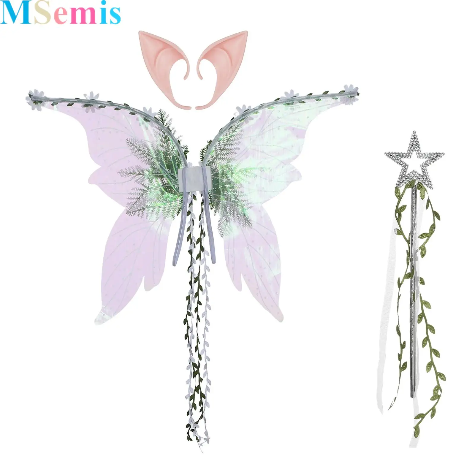 

Women Girls Fairy Butterfly Wings Princess Angel Wing Rhinestone Star Fairy Wand Elf Ears for Halloween Cosplay Fairy Tale Prop