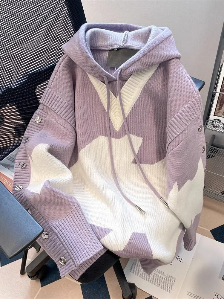 

American spicy girl color blocking fake two-piece hooded sweatshirt autumn/winterlarge size loose knitted women's sweatshirt