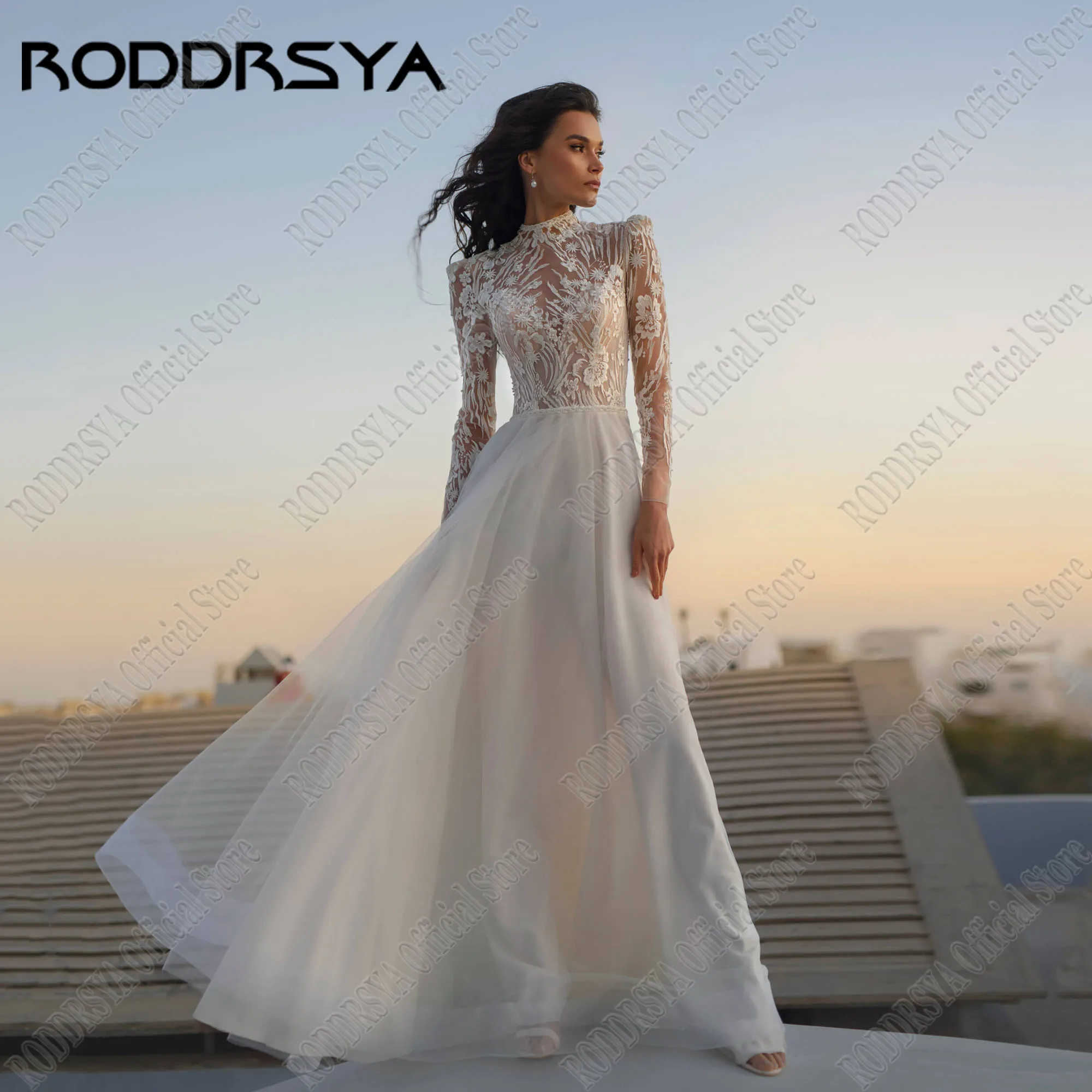 

RODDRSYA Lace Boho Wedding Dress Women See Through O Neck Bride Gowns Long Sleeve Applique Beach vestidos de novia Customized