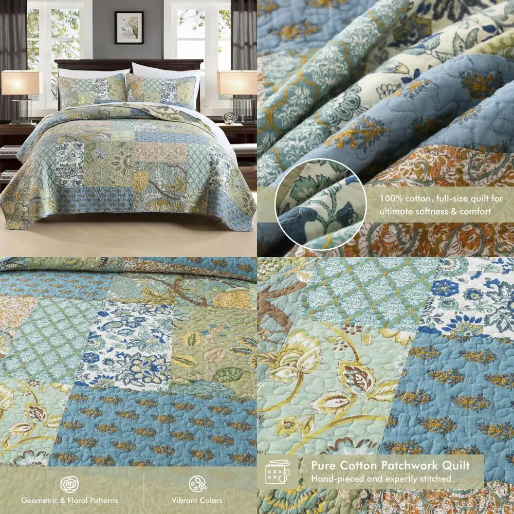 

Cotton Patchwork Queen Quilt Set, Lightweight Floral Green Coverlet, Comforter for All Seasons, Sage Softness