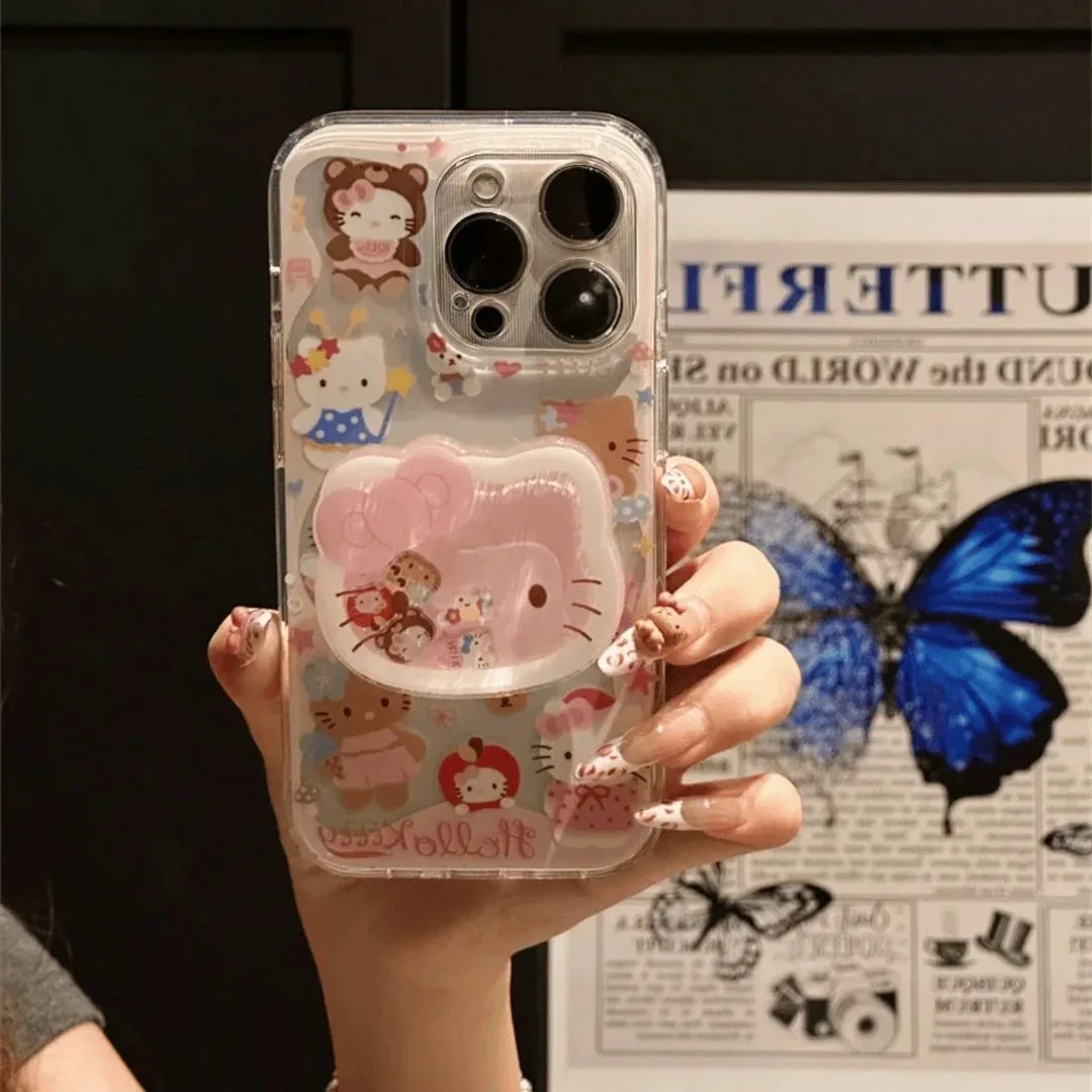 Cute Mermaid Hello Kitty Cartoon KT Stand Clear Soft  Phone Case For  iPhone X 13 12 11 14 15 16 Pro Max Lovely KT Shake Holder