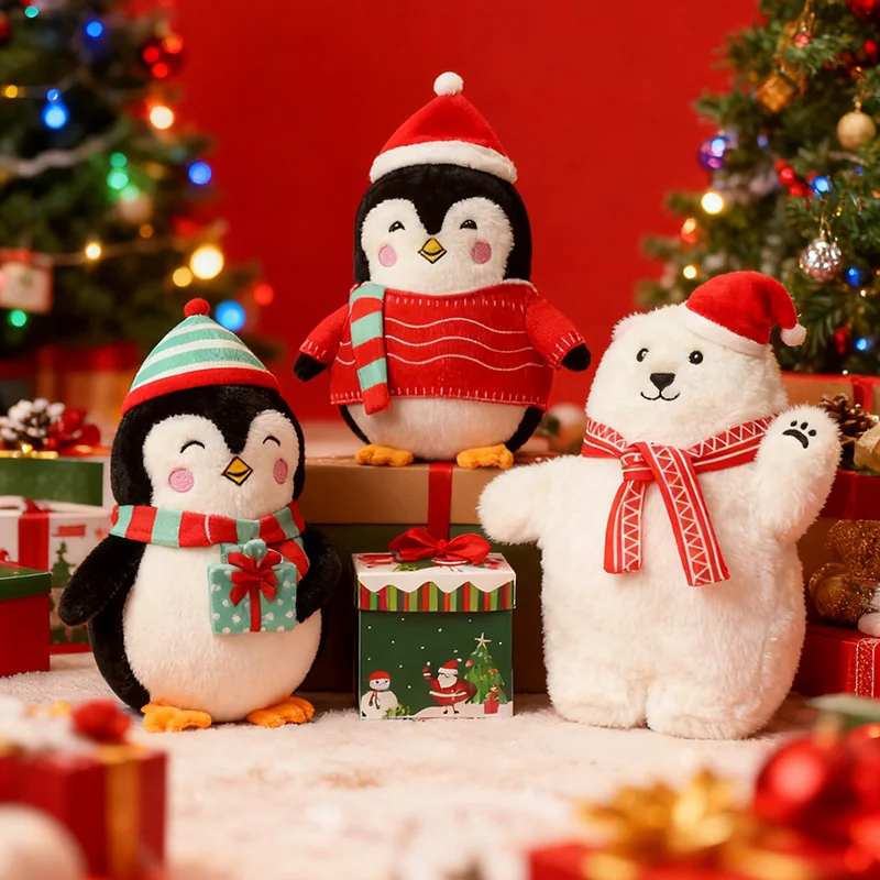 Kerst Cartoon Dier Kussen Zacht Gevuld Ijsbeer Pinguïn Kussen Gekleed Rode Hoed Feestdecoratie Prop Gift