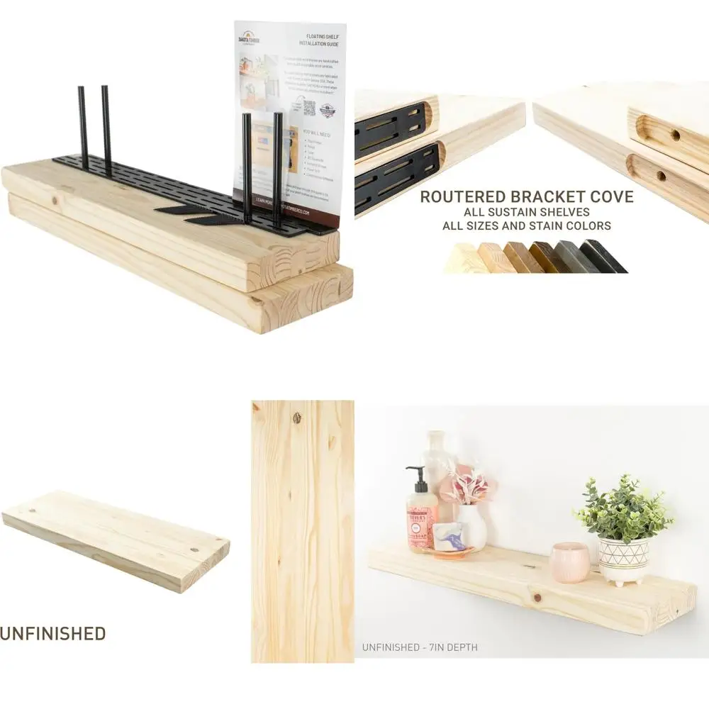 Dakota Timber's Set of Two Unfinished Floating Shelves, Genuine Wood, Concealed Brackets, Sturdy Wall-Mounted, 7 x 36