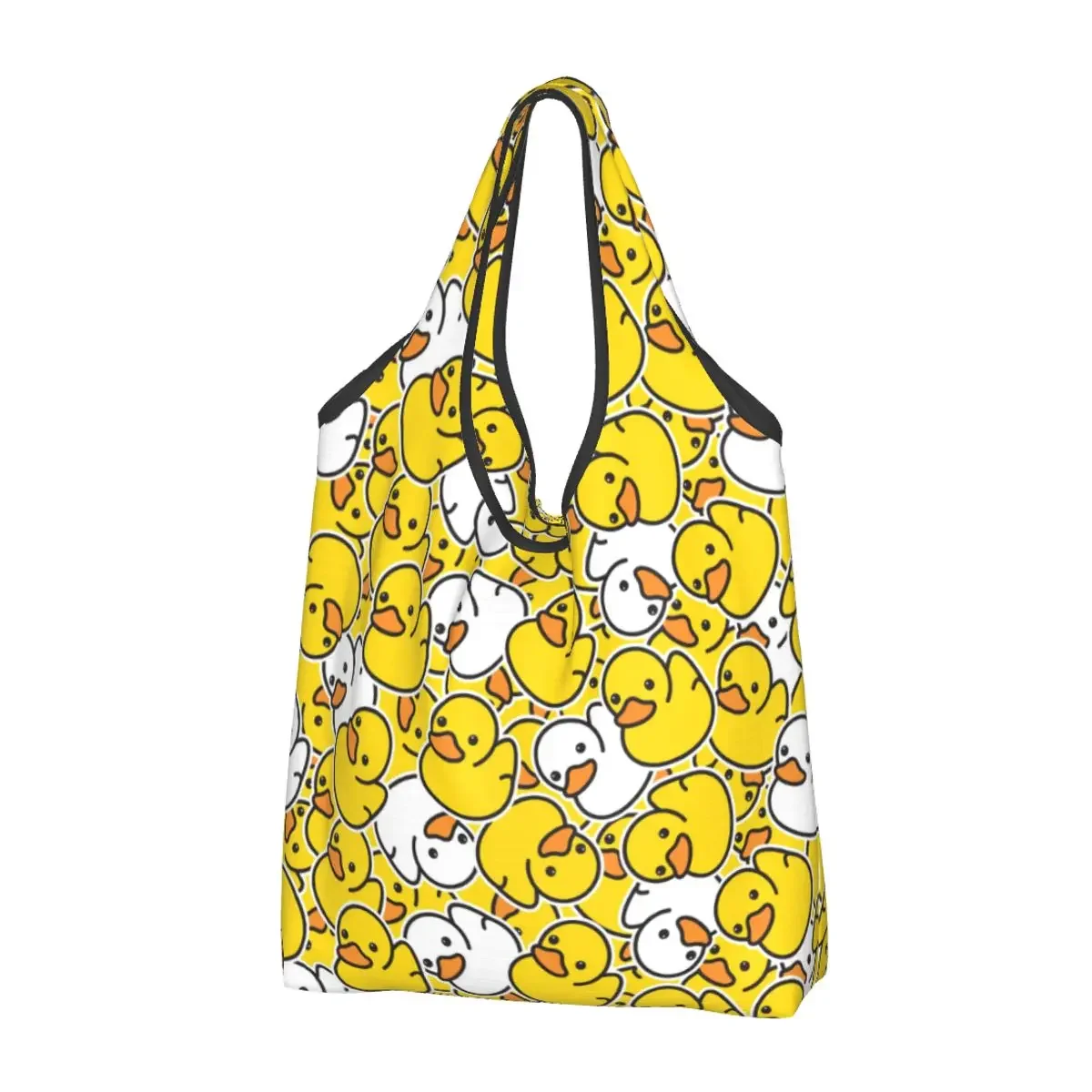 Reusable Cute Duck Ducky Cartoon Grocery Bag Foldable Machine Washable Animal Shopping Bags Large Eco Storage Bag Attached Pouch