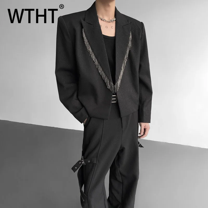 

WTHT Fashion Men's Spliced Metal Ribbon Design Coats Trendy Long Sleeves Turn Down Collar Jackets Male 2025 Autumn 2A1808