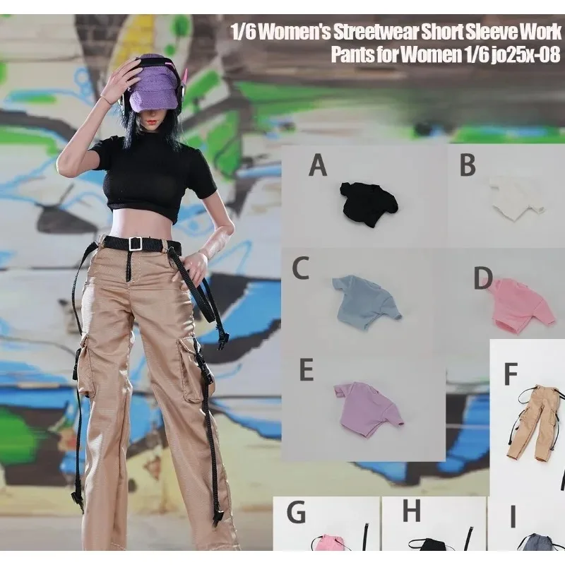 1/6 스케일 장난감 여성 군인 트렌디 패션 티셔츠 벨트가 있는 바지 12인치 액션 피규어 바디 인형 장식용 의류 모델