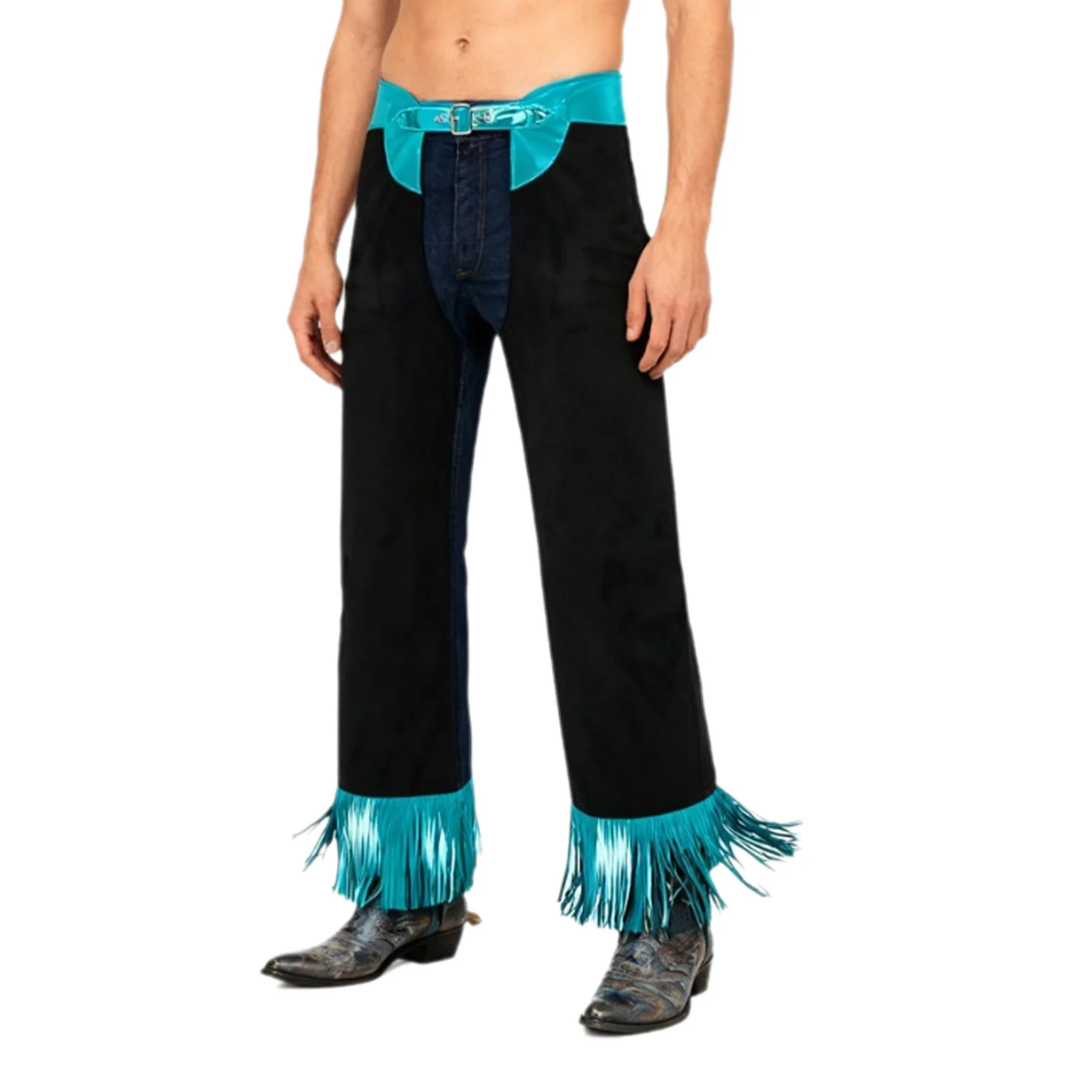 

Men Party Raves Bull Riding Chaps Pants Fringe Hollow-out Crotch Cowboy Hippie Stylish Dance Pants for Halloween Festival Cover