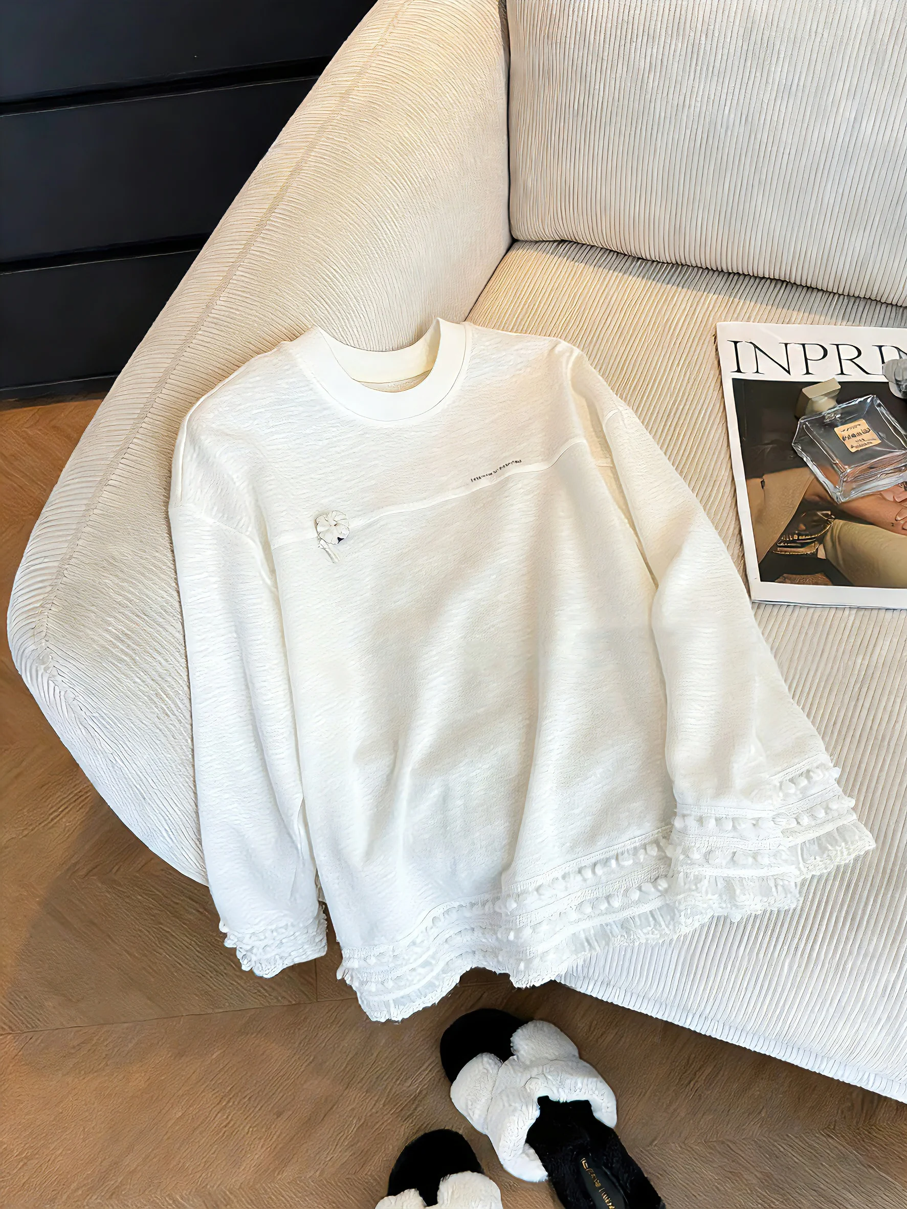 

Korean Design Sweet Lace Trim Long Sve T-irt ex Spring Autumn Faion Lazy Sle Versatile Base Layer Top