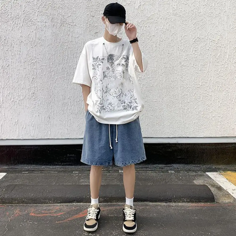 Loose Fit Shorts Elastic Waistband Shorts Elastic Waistband Men's Denim Shorts Adjustable Drawstring Casual Loose Fit with for A