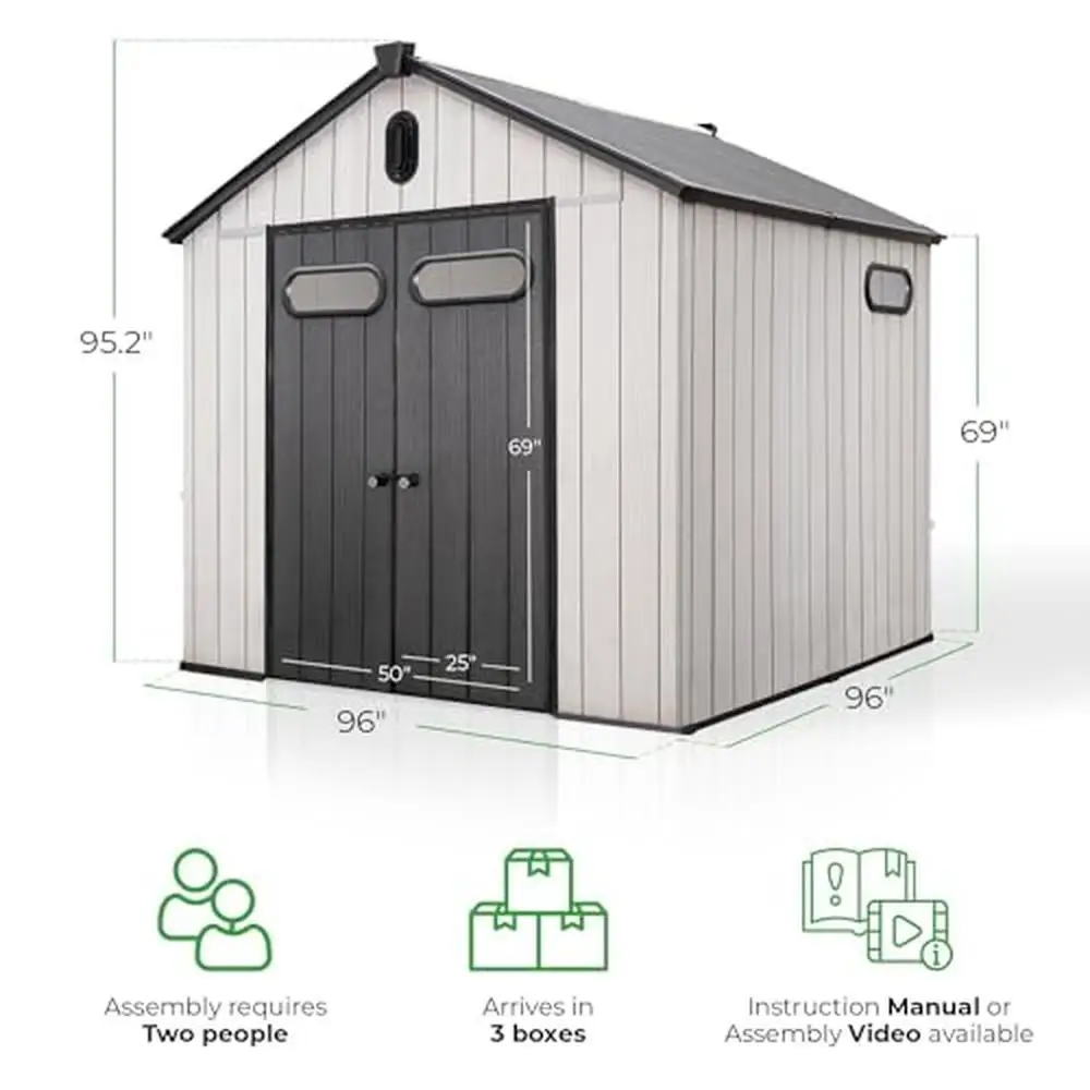 Outdoor Storage Shed Lockable Double-Layer Flooring Ventilated Yard Tool Organizer 8x8 Ft Grey