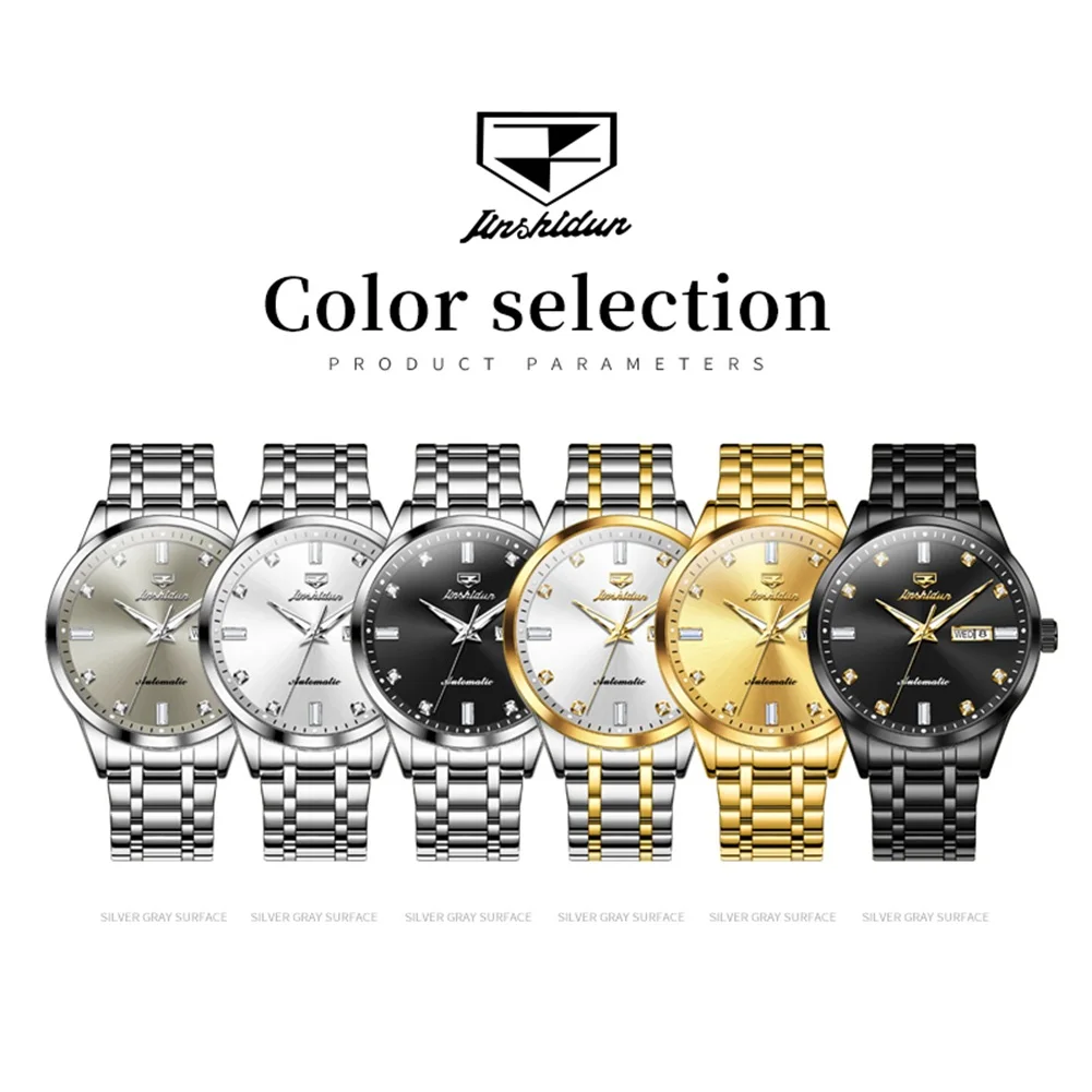 JSDUN 8841 Automatic Mechanical Watch for Men Gold Stainless Steel Luxury Waterproof Calendar Wristwatch Man Relojes Hombres