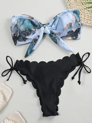 Sexy Scalloped Marble Print Bikini Women Bandeau Swimwear Female Swimsuit Two-pieces Bikini set Knotted Bather Bathing Suit Swim