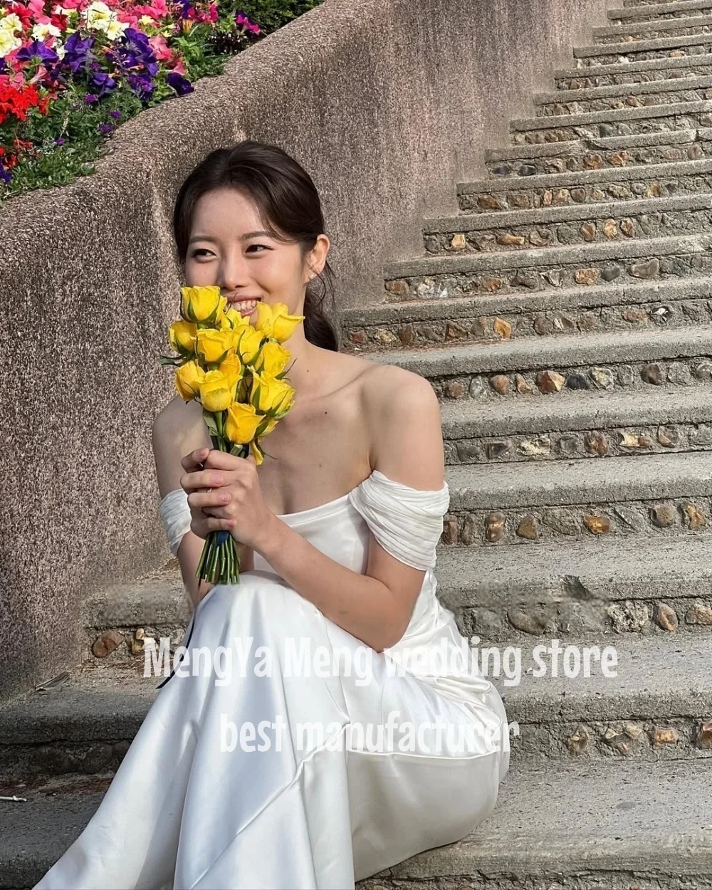ZHUISHU Elegant Off Shoulder Wedding Customized Receipt Dress Korea Photo shoot Silk Satin Floor Bridal Gowns Corset Back Simple