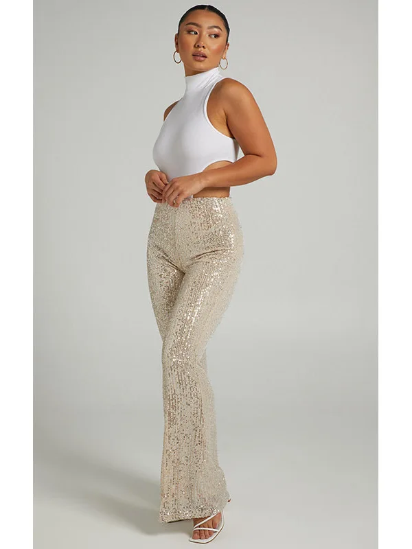 Damskie spodnie z wysokim stanem i szerokimi nogawkami, brokatowe spodnie codzienne, rozszerzane spodnie sceniczne, długie spodnie jesienno-zimowe, modne, z włókna poliestrowego.