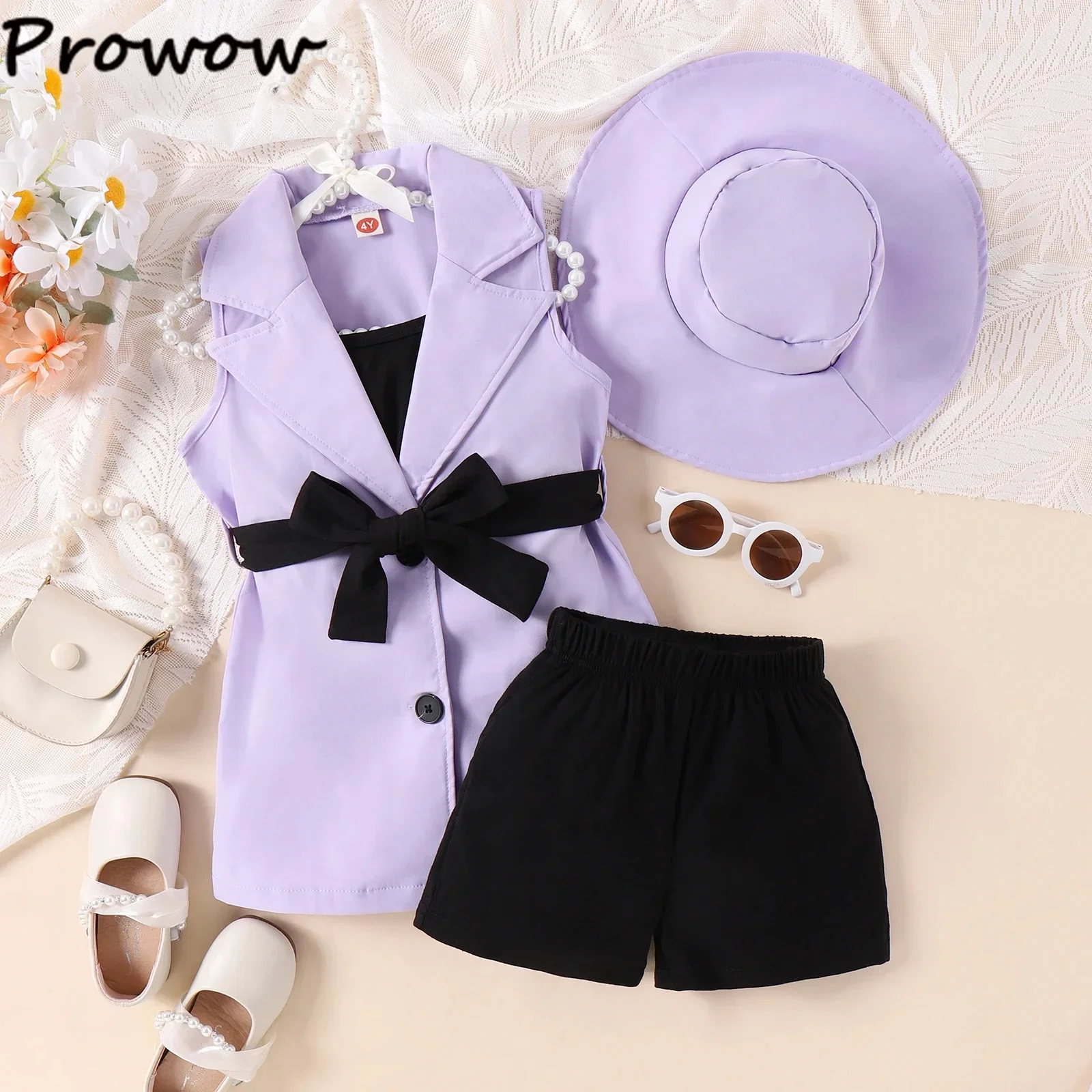 

Clearance Cheap Clothes Children's Clothing Girls Suit Sets Belted Lapel Blazer Coat+Camisole+Black Shorts+Hat 5pcs Summer Suit