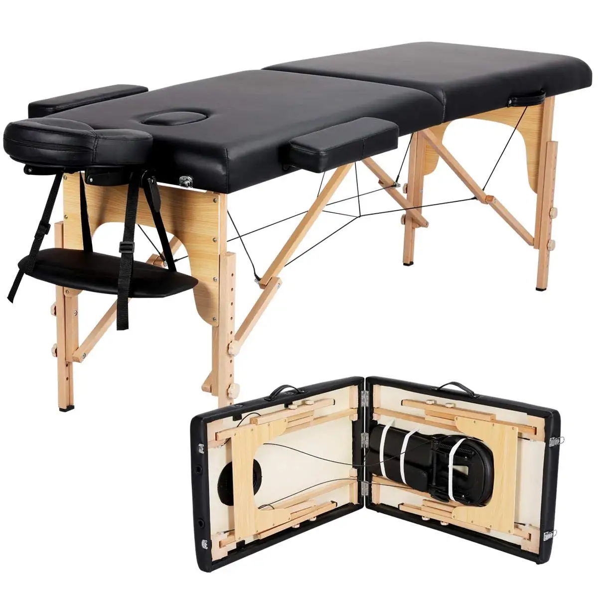 Massagetafel Draagbaar wimperbed Spa-bed Massagebed Opvouwbare spa-tafels Verstelbaar 2-voudig met niet-geweven tas 24 inch, Zwart