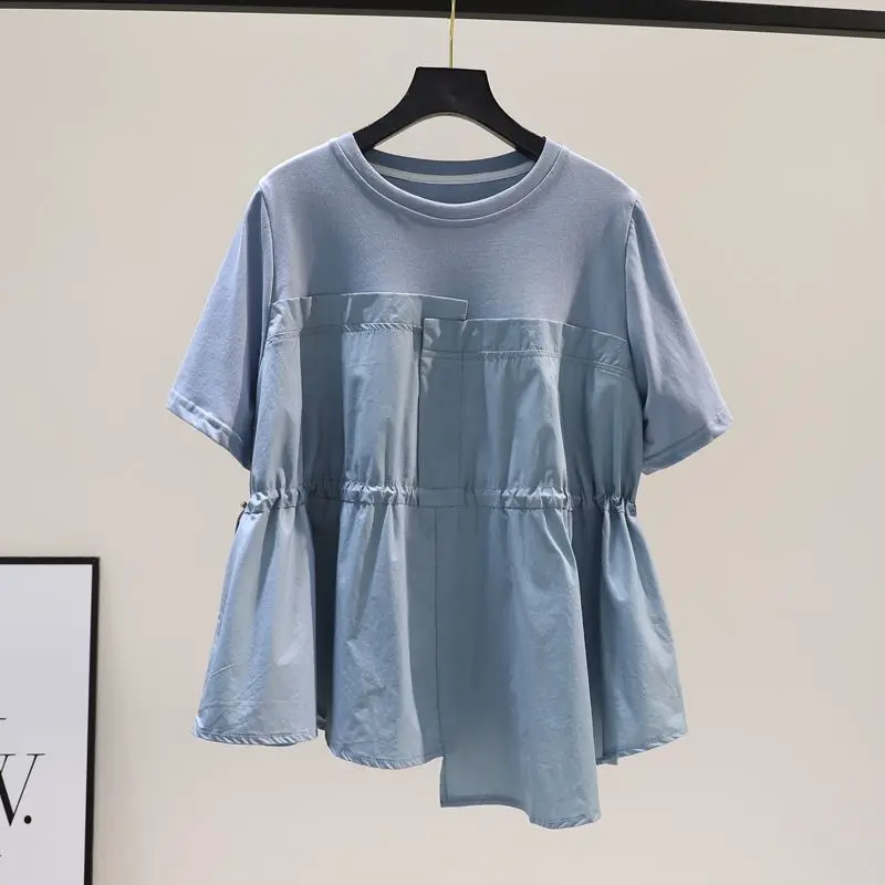 Summer Irregular Oversized Women\'s Clothing Short Sleeve Patchwork T-shirt Loose Slimming Drawstring Waistband Shirt for Women