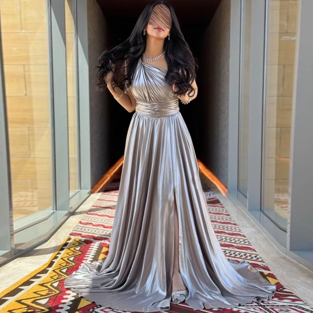 

Satin One Shoulder Sleeveless Evening Dress Formal A-Line Celebrity Gowns Customized Fashion Sweep Train Celebrity Gowns