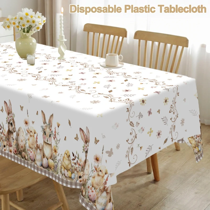 Vintage Easter Bunny Eggs Tablecloth Spring Floral Garden Table Cloth Easter Decorations for Home Kitchen Dinging Table Cover