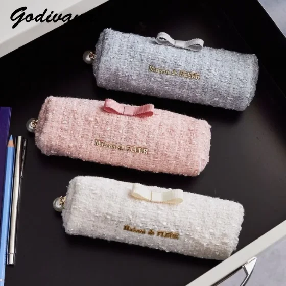 

2025 New Coarse Tweed Cute Bow Pencil Bag Student Girls Mini Storage Bag Women's Cosmetic Bags