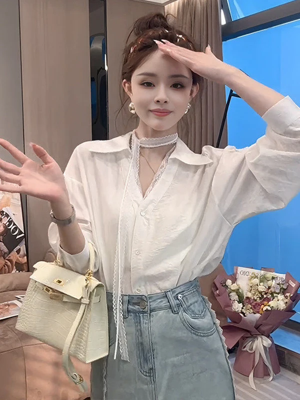 

Unique Beautiful Lace Trim V-Ne Long Sve irt Women's Loose Inner Wear Top Casual Sle Spring New Arrival