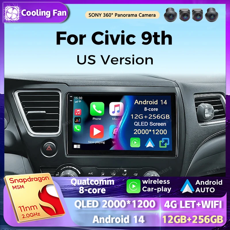 Android 14 Multimedia Player For Honda Civic 9 9th US Sender Coupe Car Radio 2k Screen Navigation GPS Carplay Stereo Head Unit