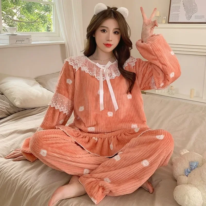 2024 New Coral Velvet Pajamas Women Winter Thickened Princess Style Loungewear Set Flannel Sweet Autumn Long Sleeved Homewear