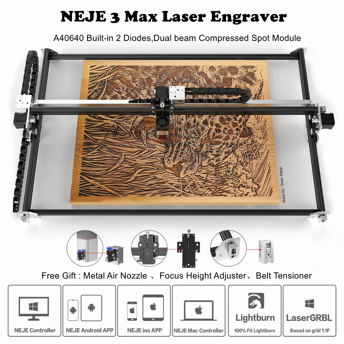 NEJE 3 Max A40640/E30130/N40630 CNC Laser Engraver Cutter Wood Engraving Cutting Printer Mark Machine Lightburn GRBL Bluetooth