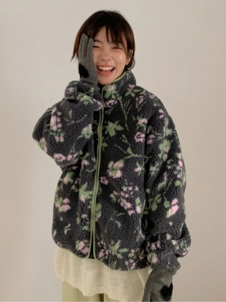 

Новая зимняя модная куртка с цветочным принтом из овечьей шерсти, утепленная, короткая, женская, в корейском стиле, весна-осень