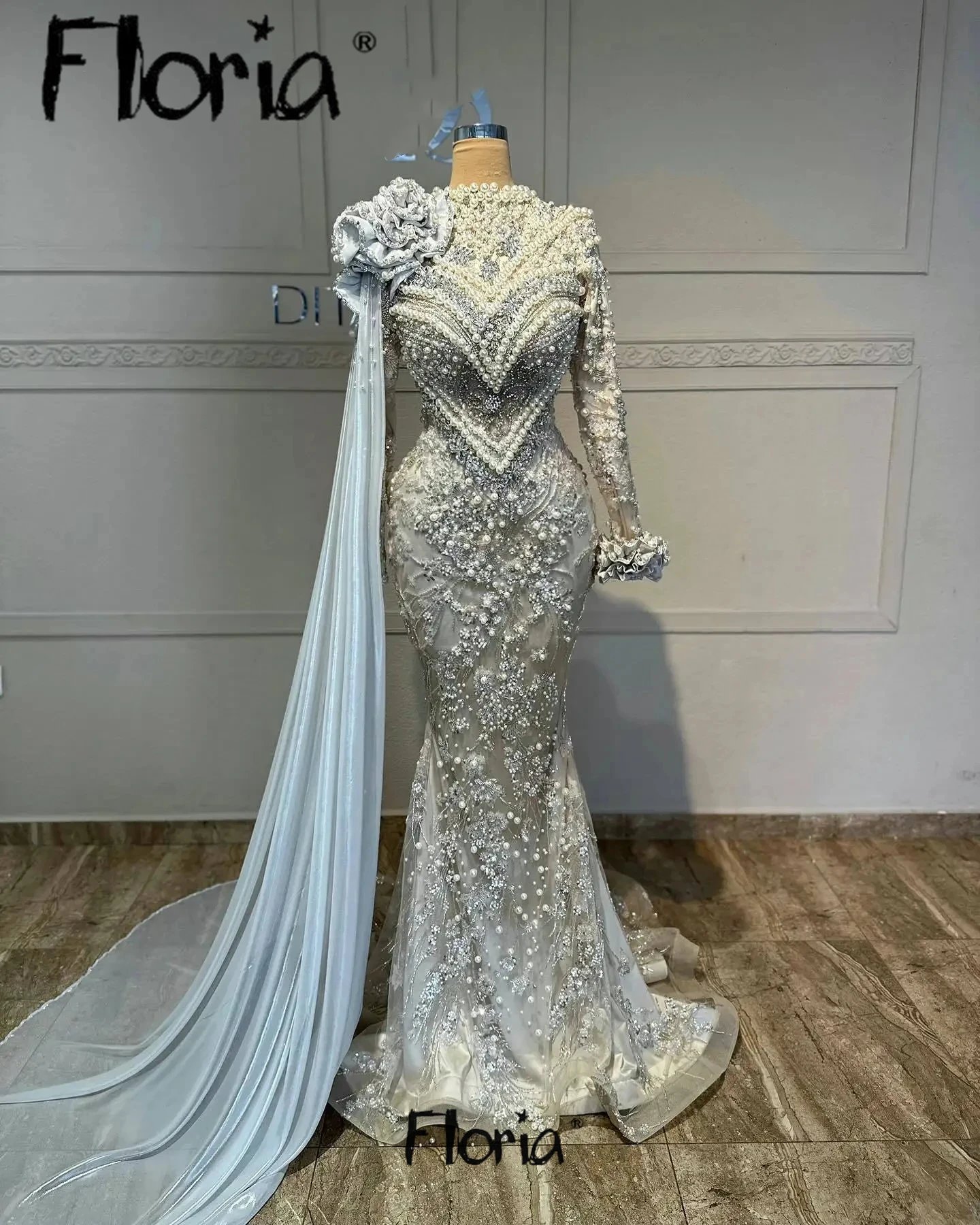 Muslim Heavy Crystals Evening Dresses Long Cape Sleeve Luxury Wedding Guest Gown Women Mermaid plus size فساتين للمناسبات الخاصة