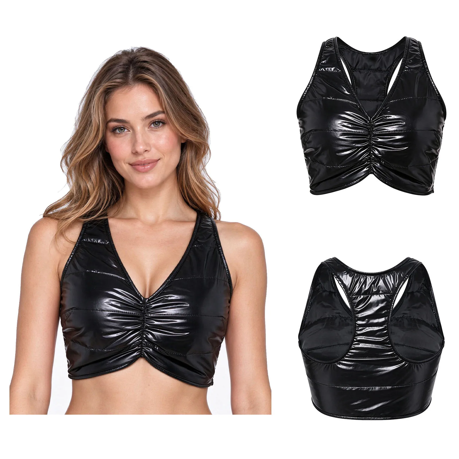 Womens Water-resistant Tank Tops Sleeveless Ruched Front Side Zipper Padded Crop Top for Casual Daily Life Party Music Festival