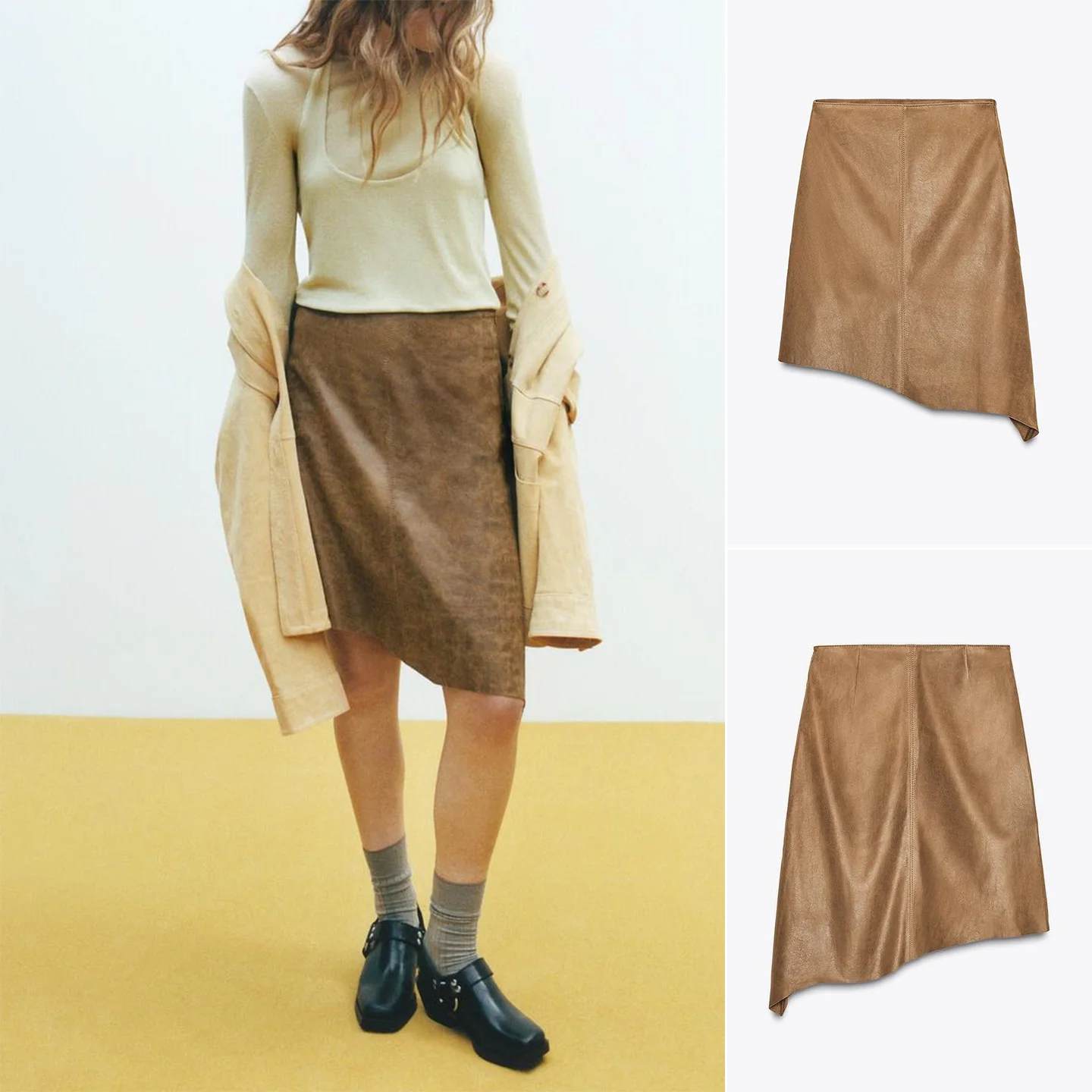 

New Autumn 2025 Asymmetrical PU Leather Resistant Midi f Skirt Ladies Casual Stand Fit Polyester Fiber mid Waist Skirt