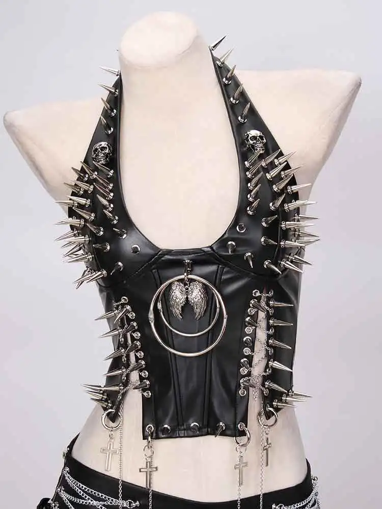 Goth Tops Festival Emo Clothing Punk Rock Clothes Gothic Tank Grunge E-Girls Vintage Boho PU leather Black Y2K Spiked Rave