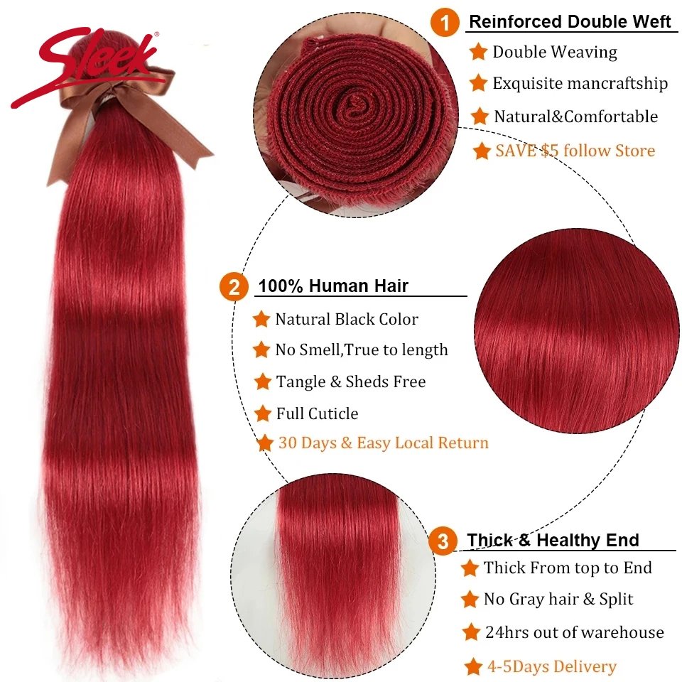 Mechones de cabello humano liso peruano, extensiones de cabello Remy 100% Natural, Color rojo elegante y naranja, 8 a 28 pulgadas