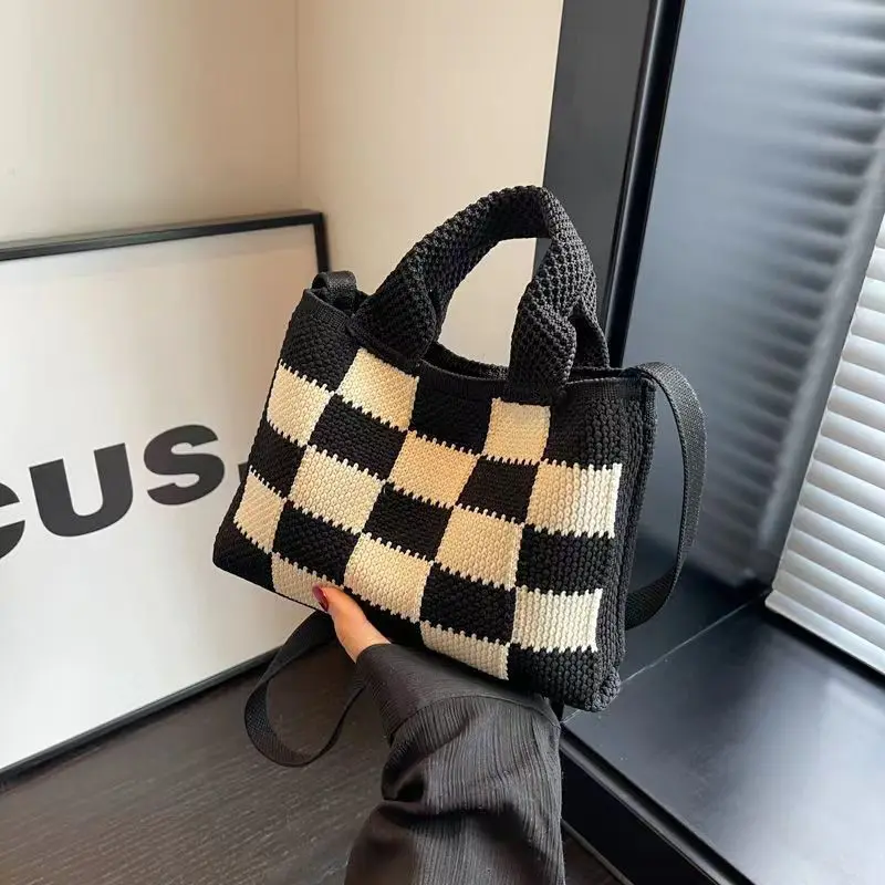 Hand-Woven Wool Handbag for Women, Stitching, High-Grade Texture, Color Diamond Check, Early Autumn, 2024, Niche Design